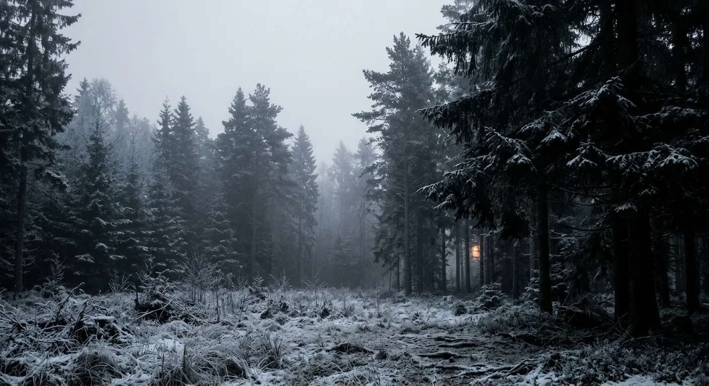 An open winter forest clearing in soft fog