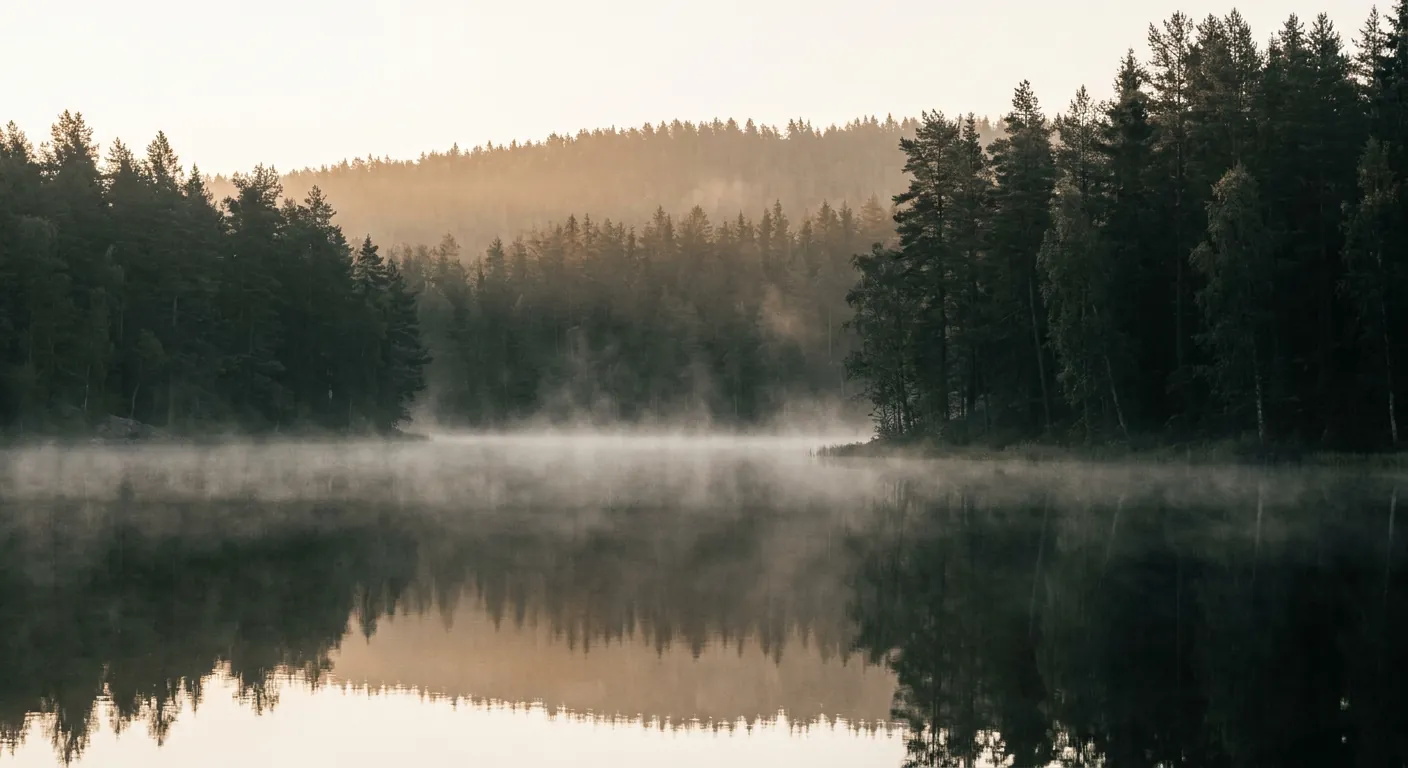 A Nordic lake at golden hour with mist rising off the water