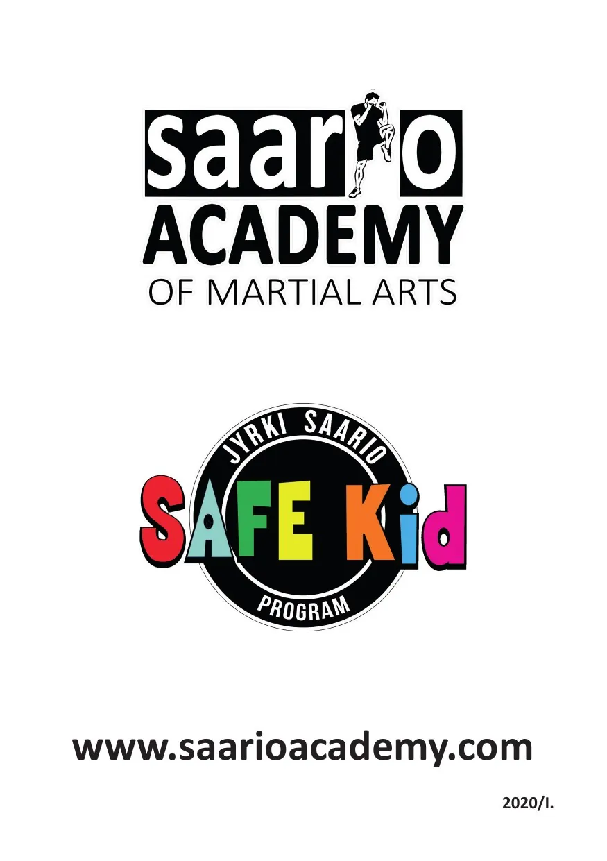 Back cover of the Safe Kid instructor guide — the Saario Academy of Martial Arts mark and the Jyrki Saario Safe Kid program logo